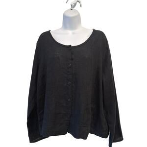 NWOT FLAX Womens Oversized Lagenlook Linen Black Pocket Button Blouse M (10-14)
